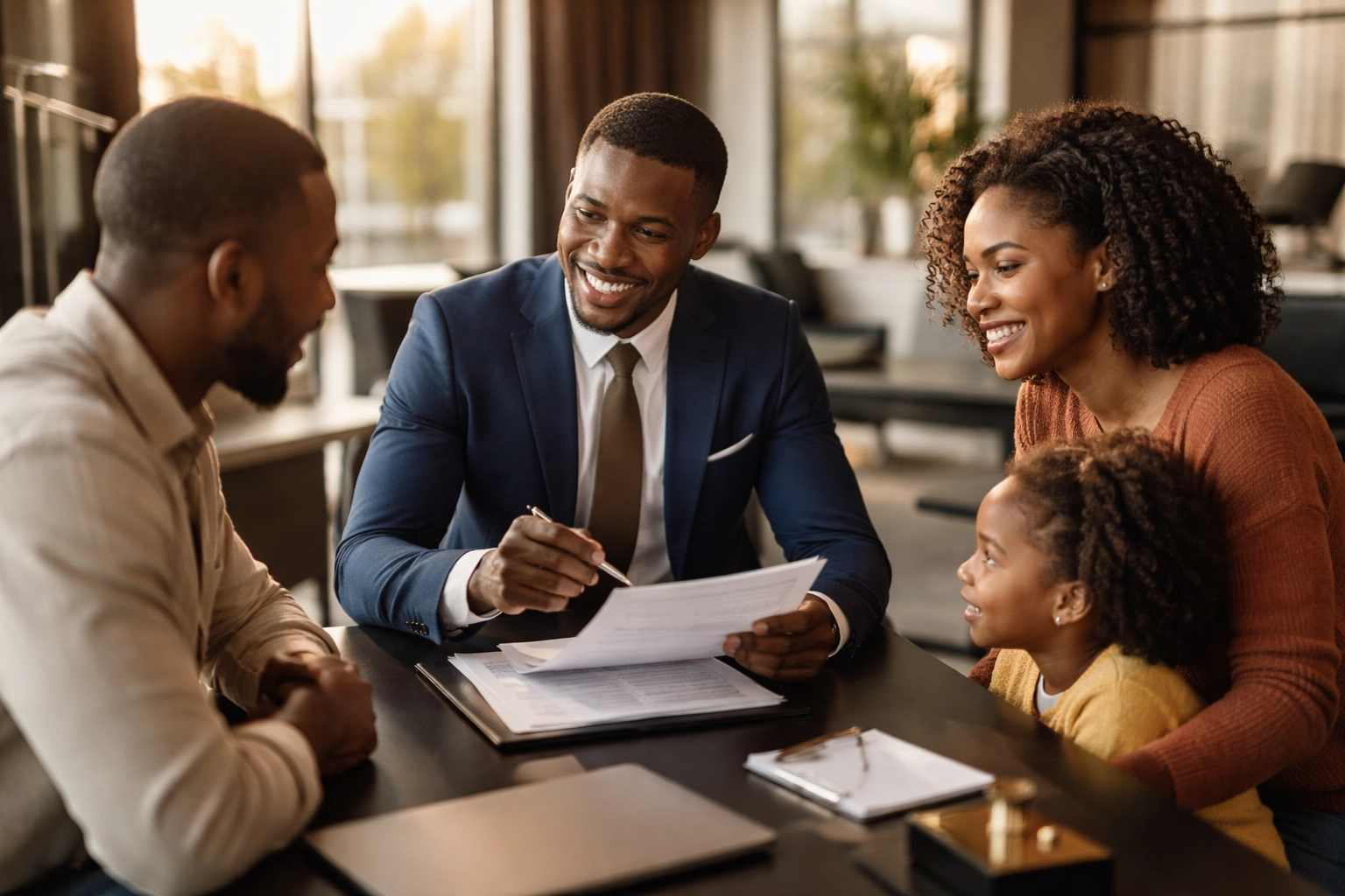 Banking on Our Future: Why the West's First Black-Owned Bank is a Win for All of Us Black financial advisor helping a Black family with wealth planning in a modern office setting