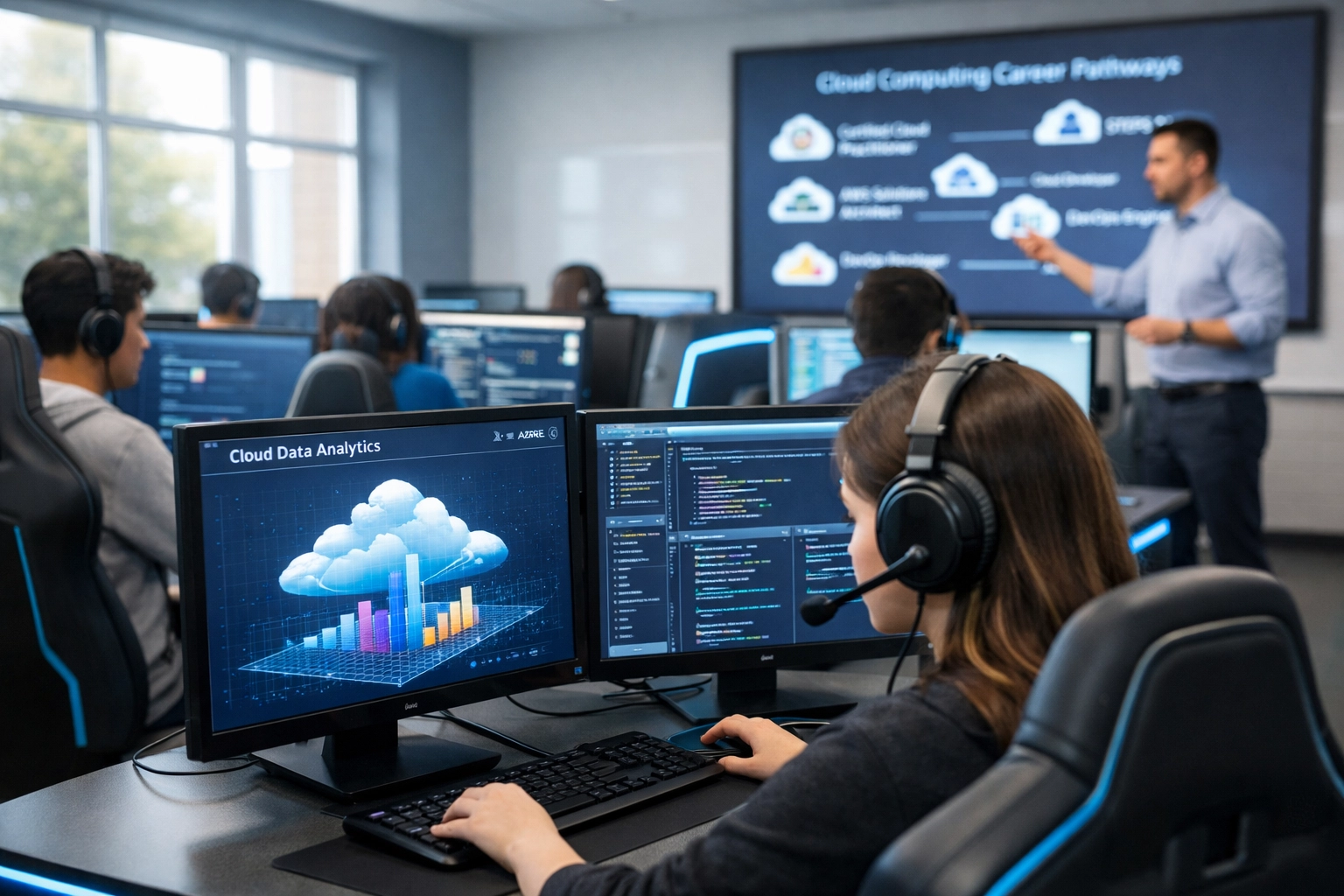 High school students working at EsportsPod stations learning cloud computing and workforce skills