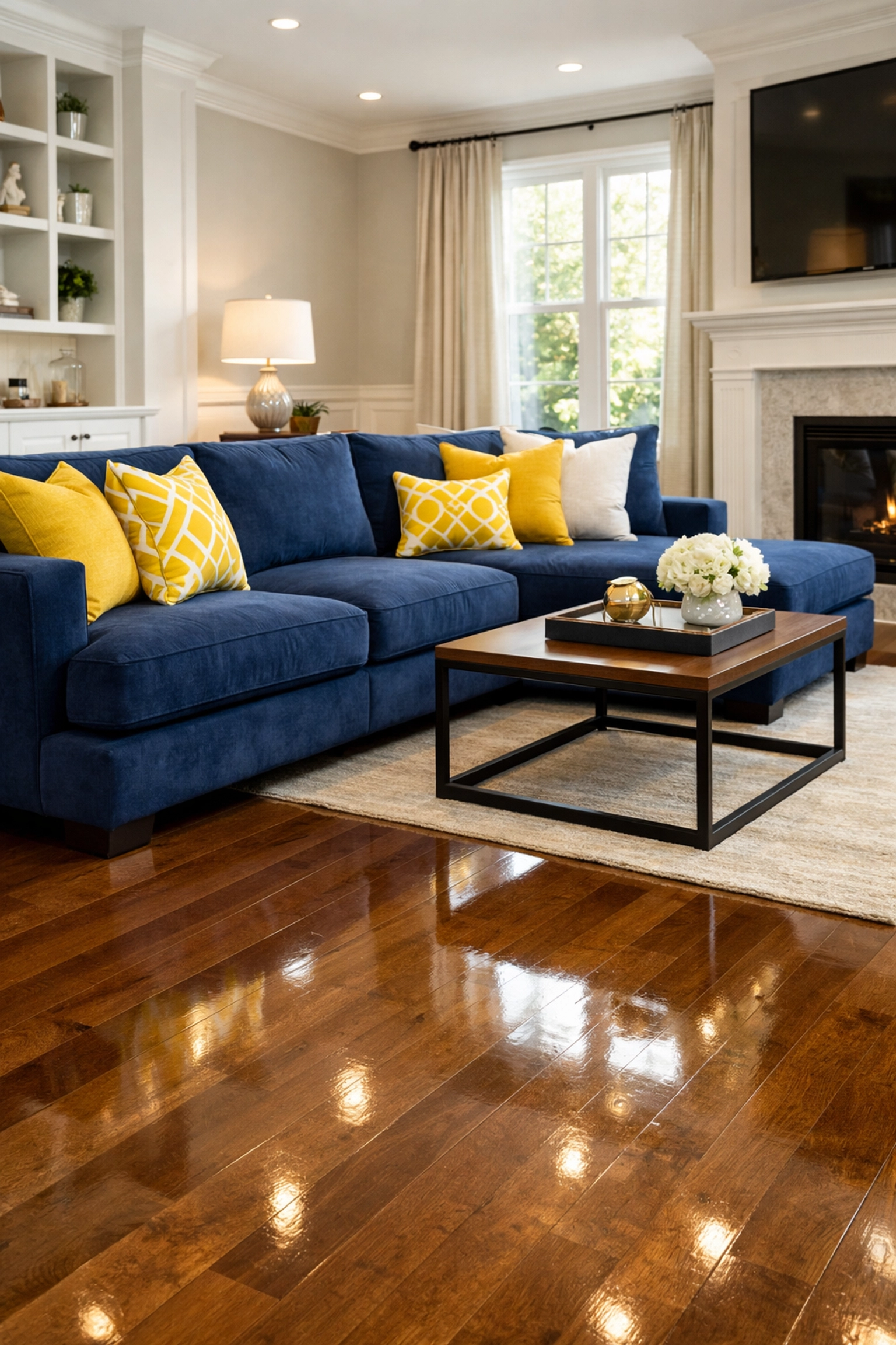 A guest-ready living room with gleaming hardwood floors, cleaned by professional house cleaners.
