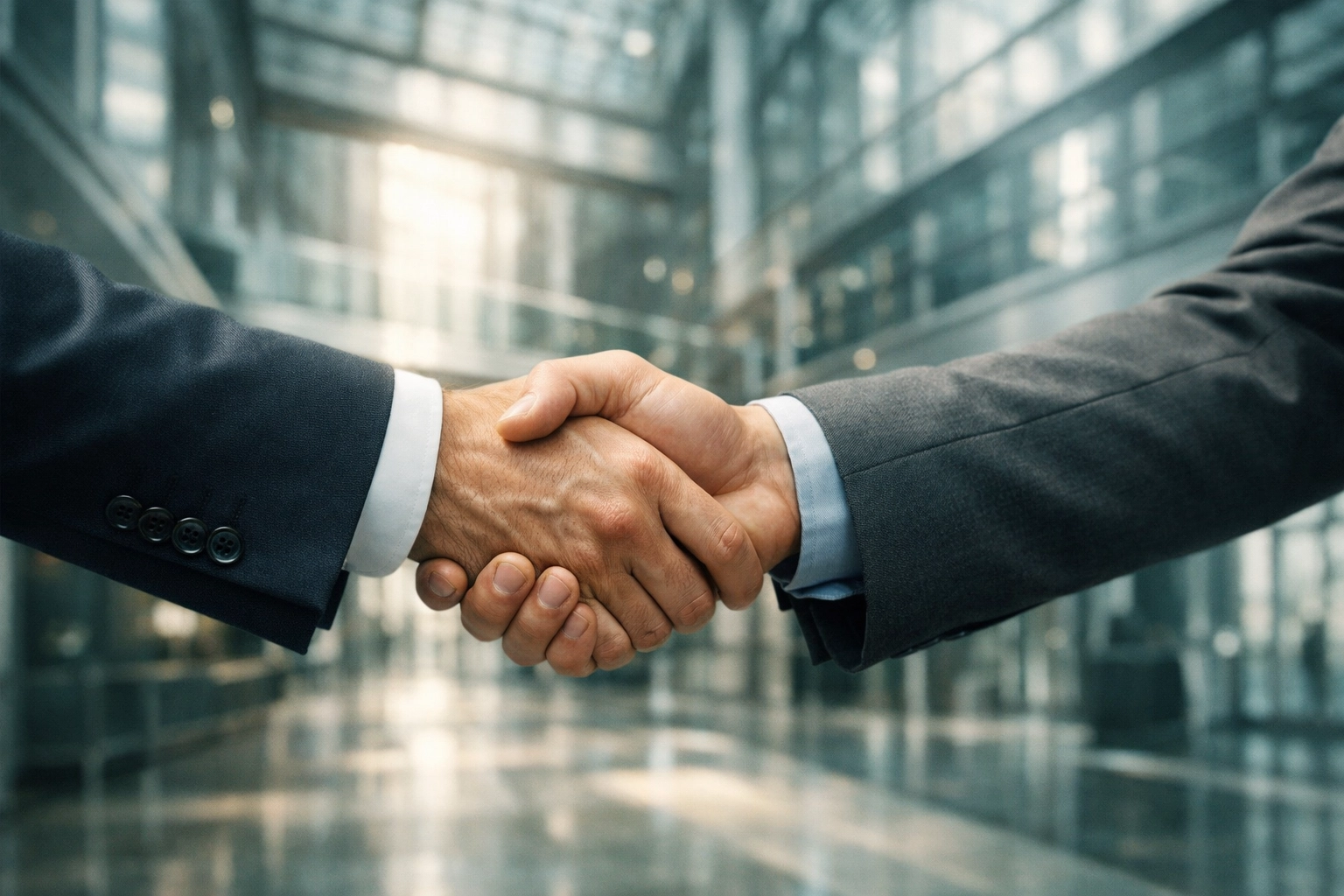 Professional handshake representing a successful sale of a small business in a North Carolina corporate office.