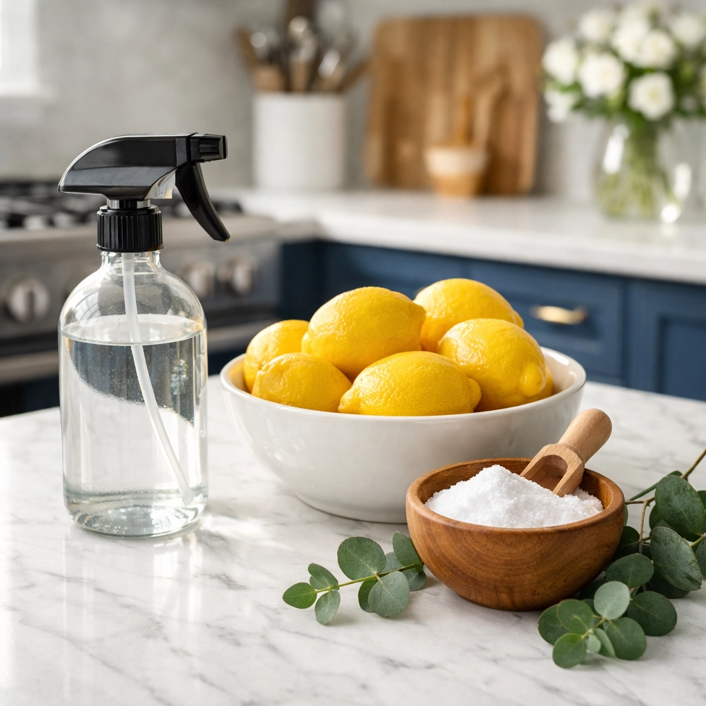Natural ingredients like lemons and baking soda used for eco-friendly deep cleaning in a sunny kitchen.