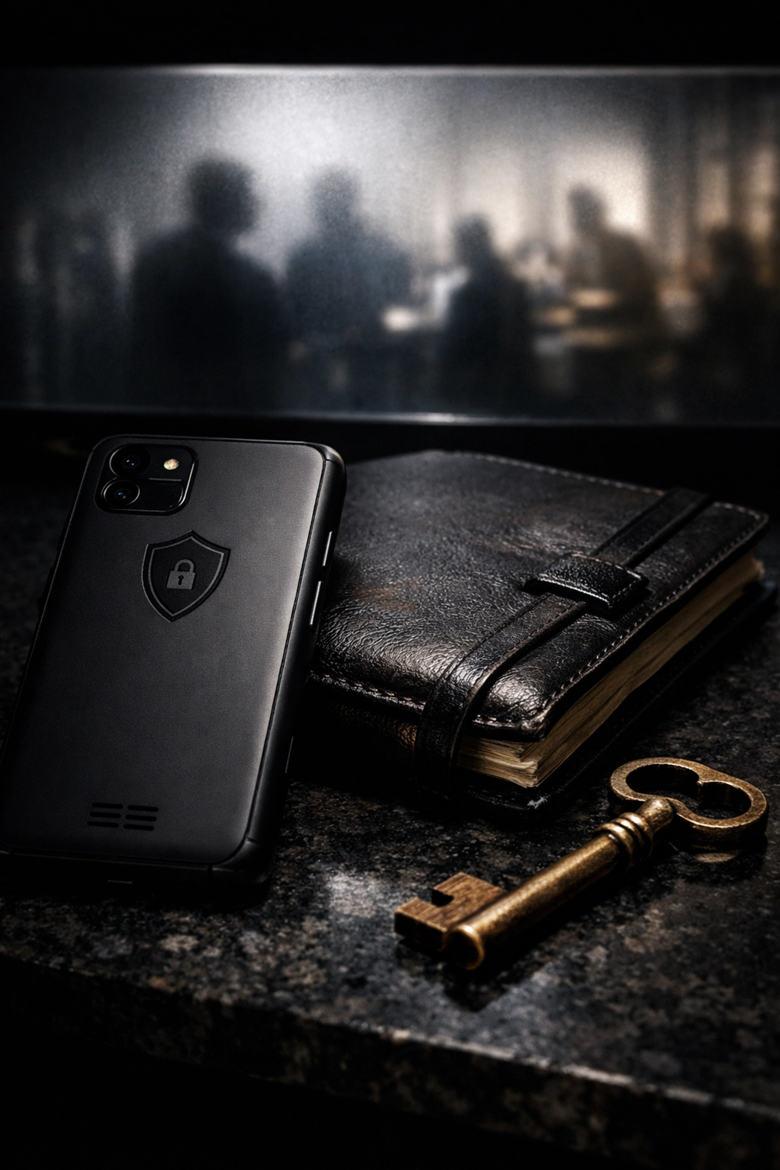 Secure smartphone and brass key symbolizing the discreet fixer layer and confidential logistics support.