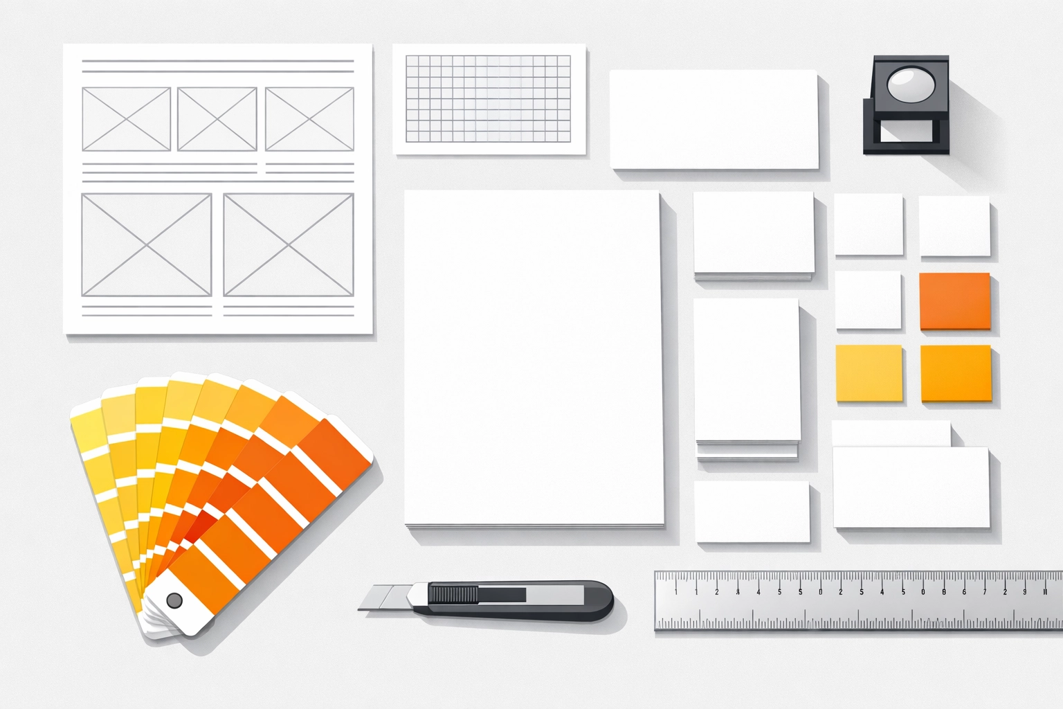 Print production workspace with organized layout grids and color swatches for brand consistency