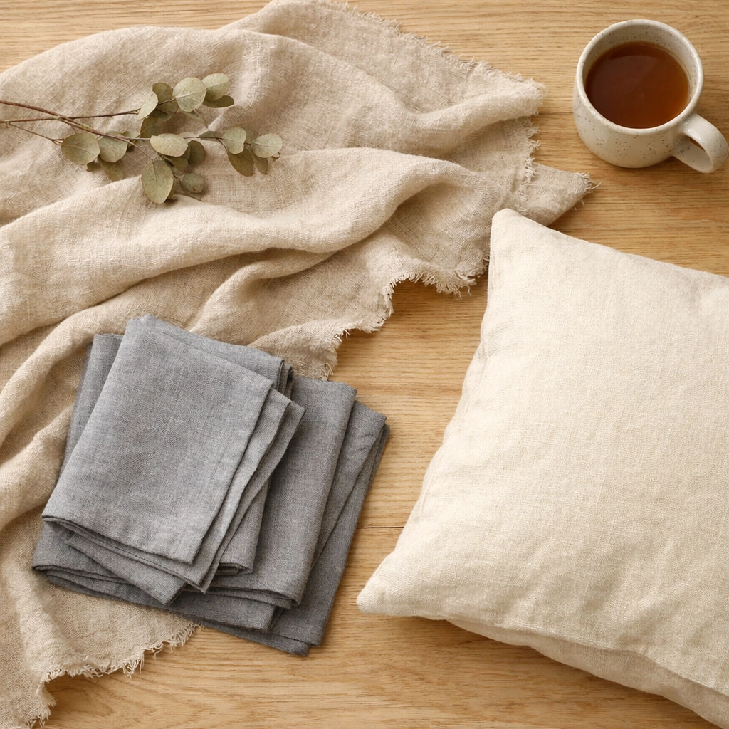 Natural linen textiles and table runner arranged on wooden surface for elegant budget decor