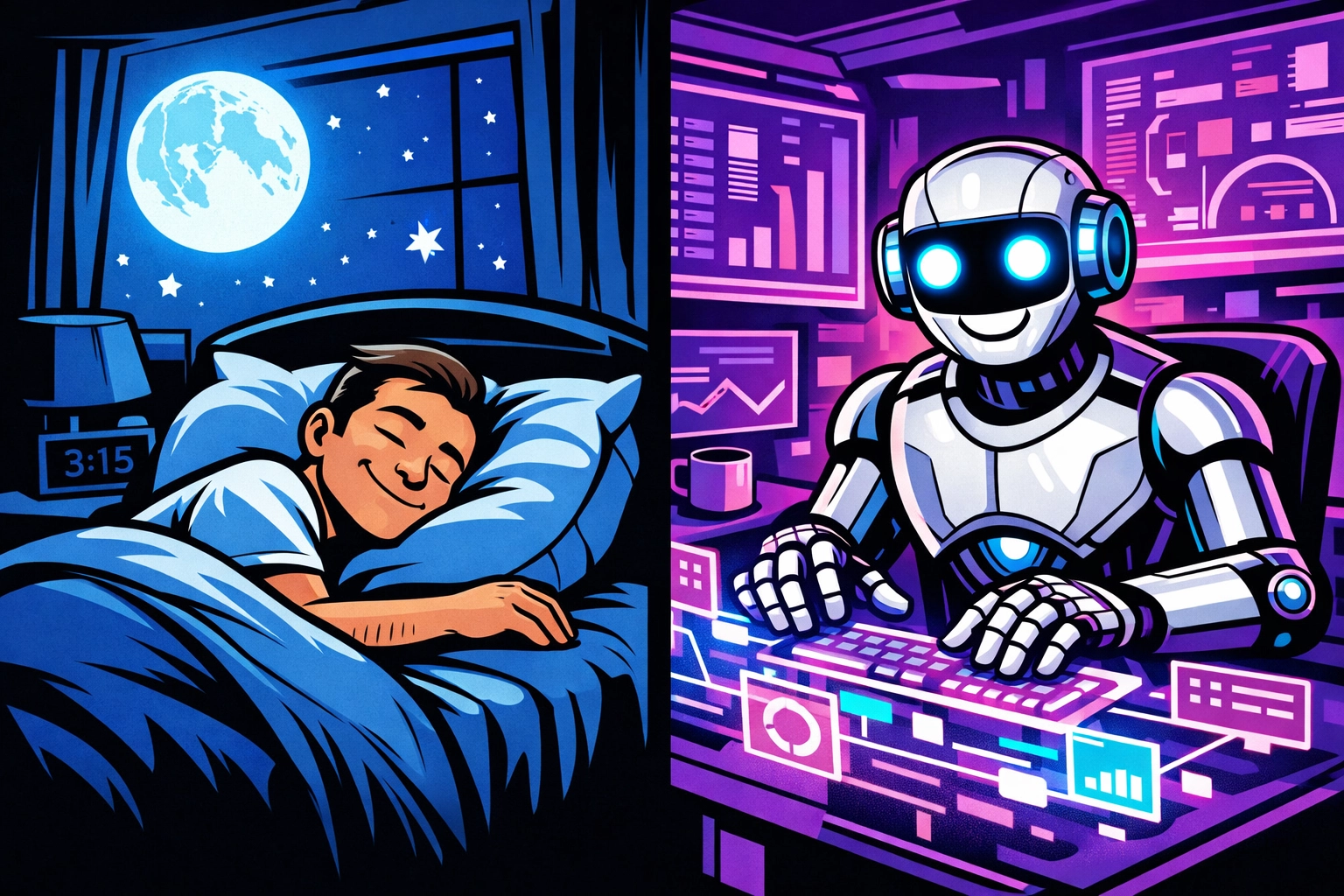 An AI virtual assistant working overnight while a business owner sleeps, showing 24/7 business automation.