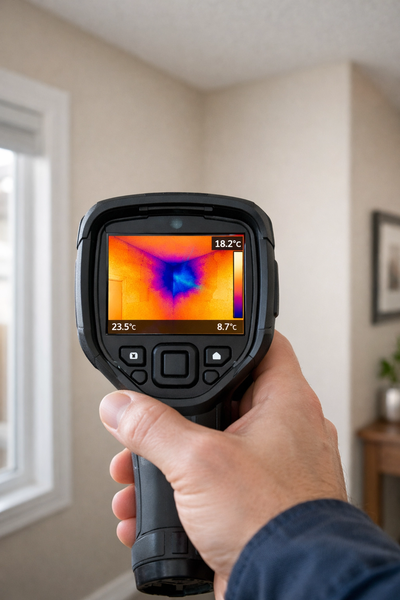 A home inspector uses thermal imaging to detect hidden moisture and leaks behind a residential wall.