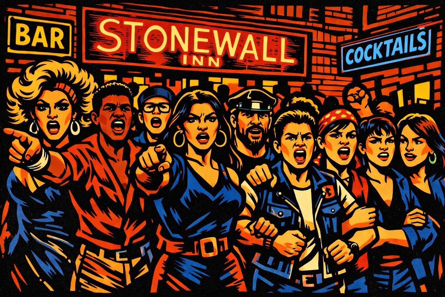 Diverse LGBTQ+ protesters unite in Greenwich Village during Stonewall riots