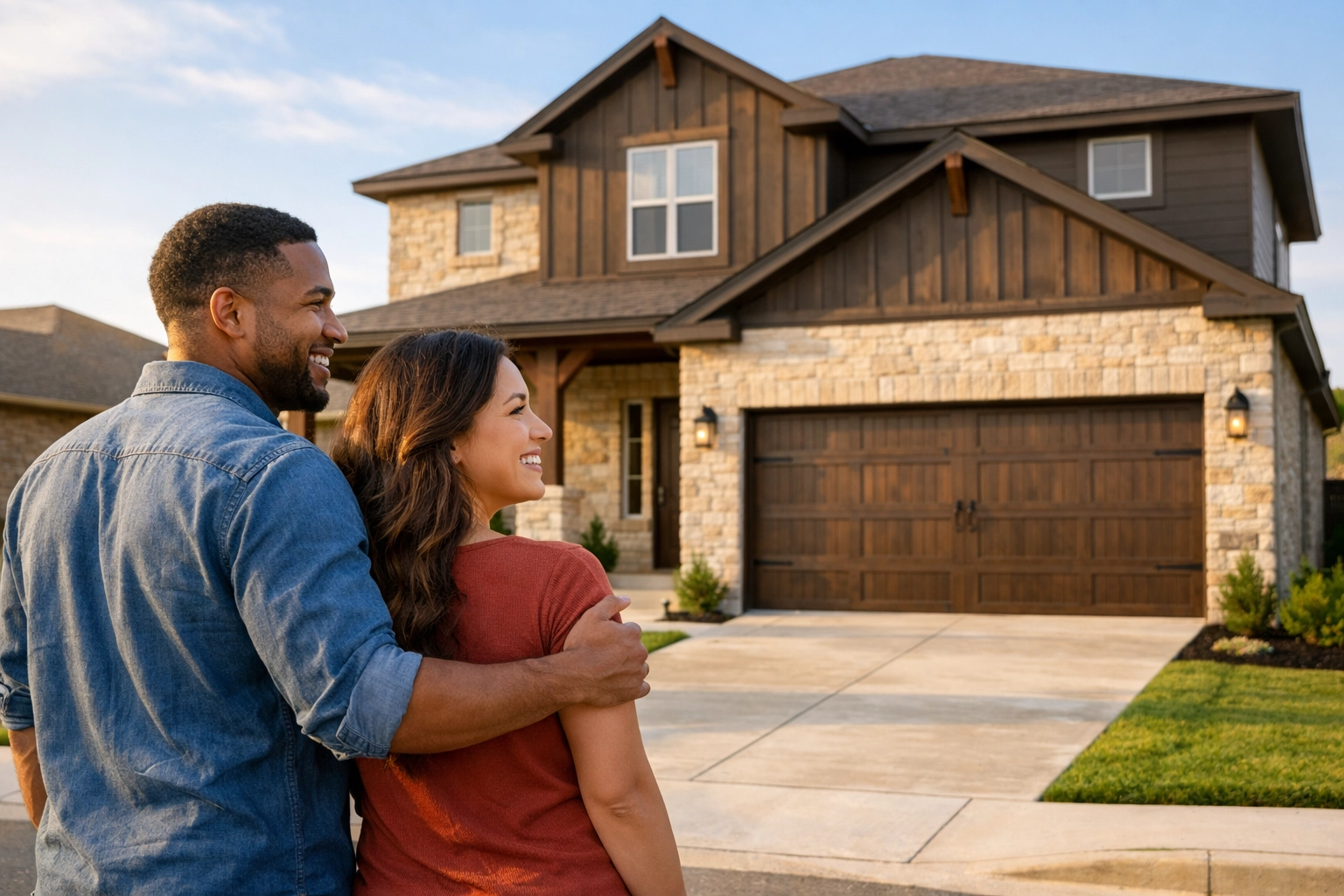 First-time homebuyers viewing a new two-story limestone house in a San Antonio neighborhood.