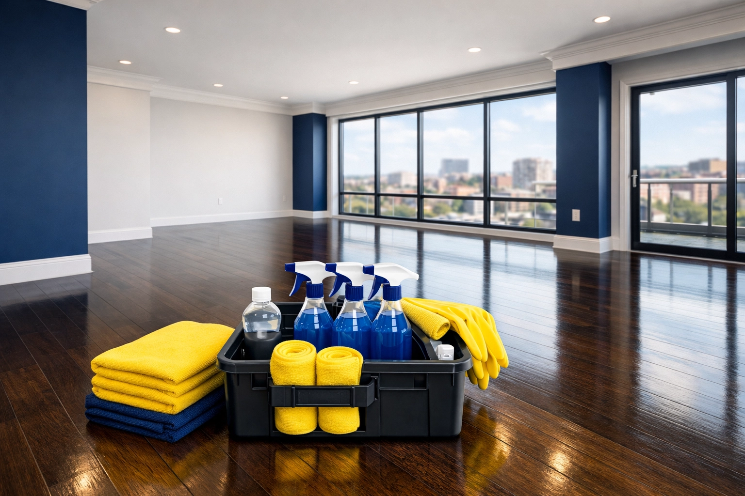 Professional maid services Worcester preparing an empty luxury apartment for move-out cleaning.