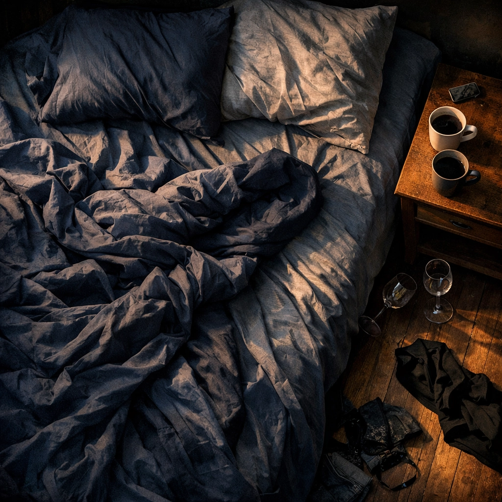 Unmade bed with coffee and wine glasses depicting morning after scene in gay romance novel