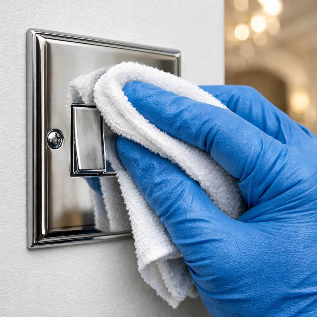 Deep cleaning MA showing professional cleaners sanitizing light switches for a thorough residential cleaning standard.
