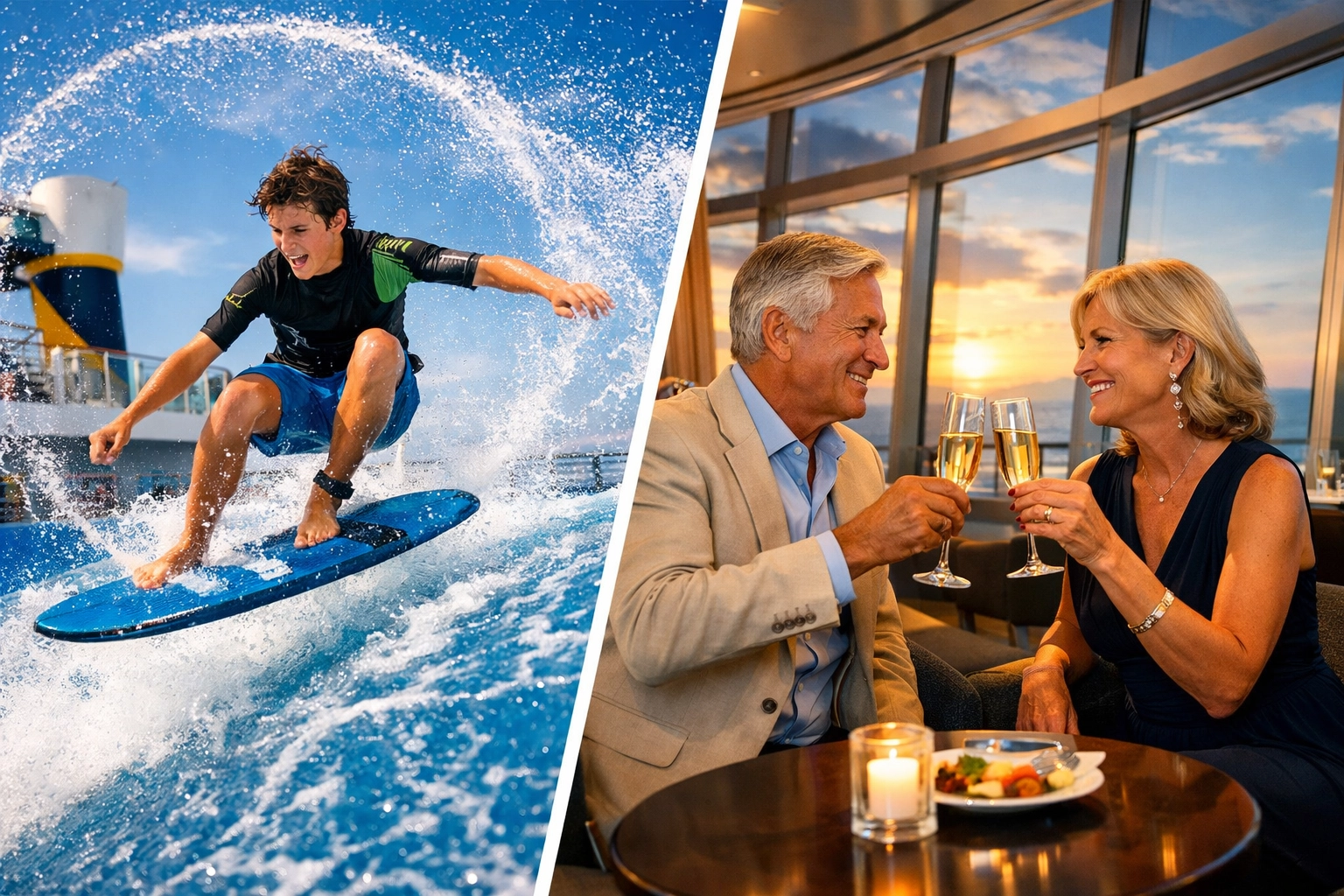 Teenager on a surf simulator and seniors with champagne showing family cruise activities for all ages.