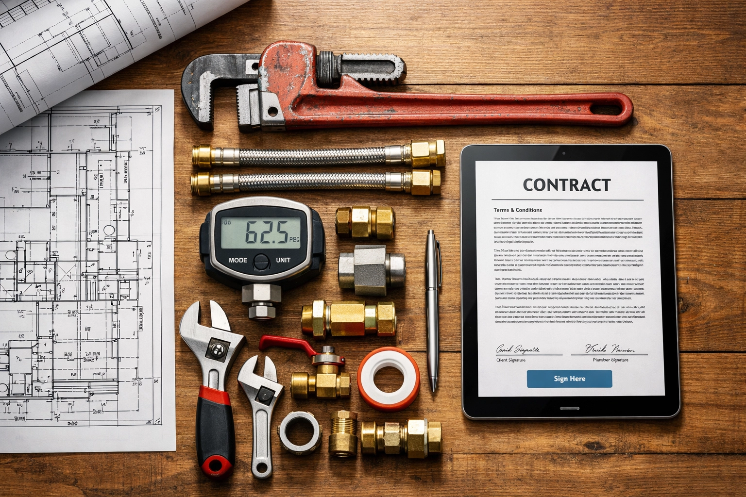 Organized plumbing tools and blueprints representing business planning and small business insurance CT coverage.