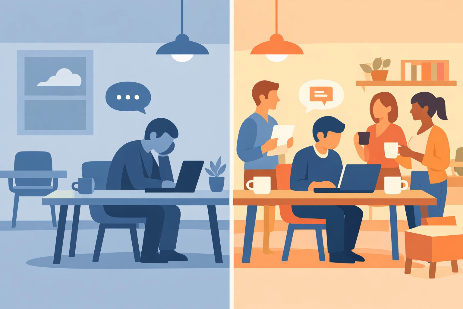 Remote worker transitioning from isolation to collaborative coworking space environment