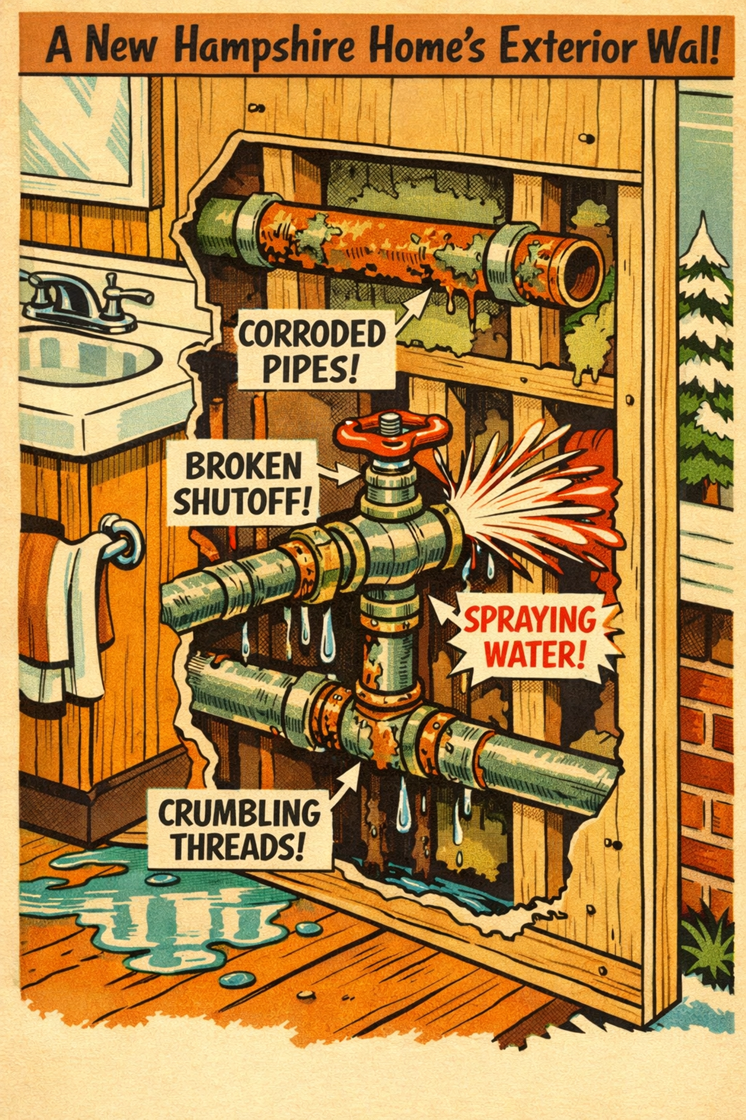 Corroded galvanized pipes and broken shutoff valve leaking in older home wall