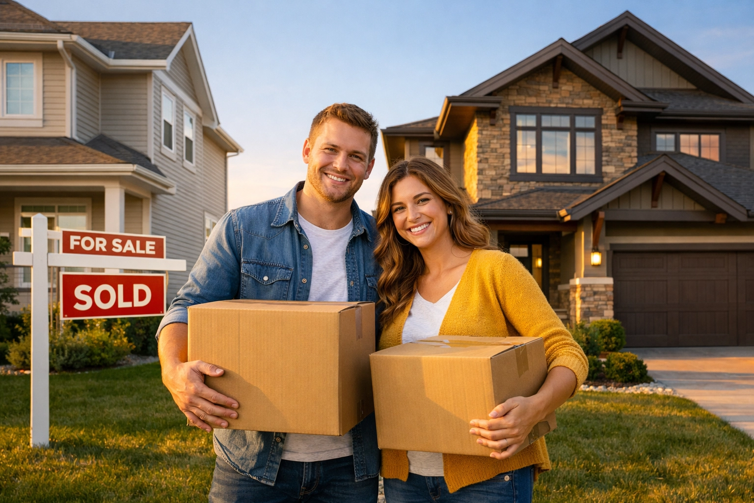 Couple with moving boxes between sold home and new house in Alberta using bridge financing