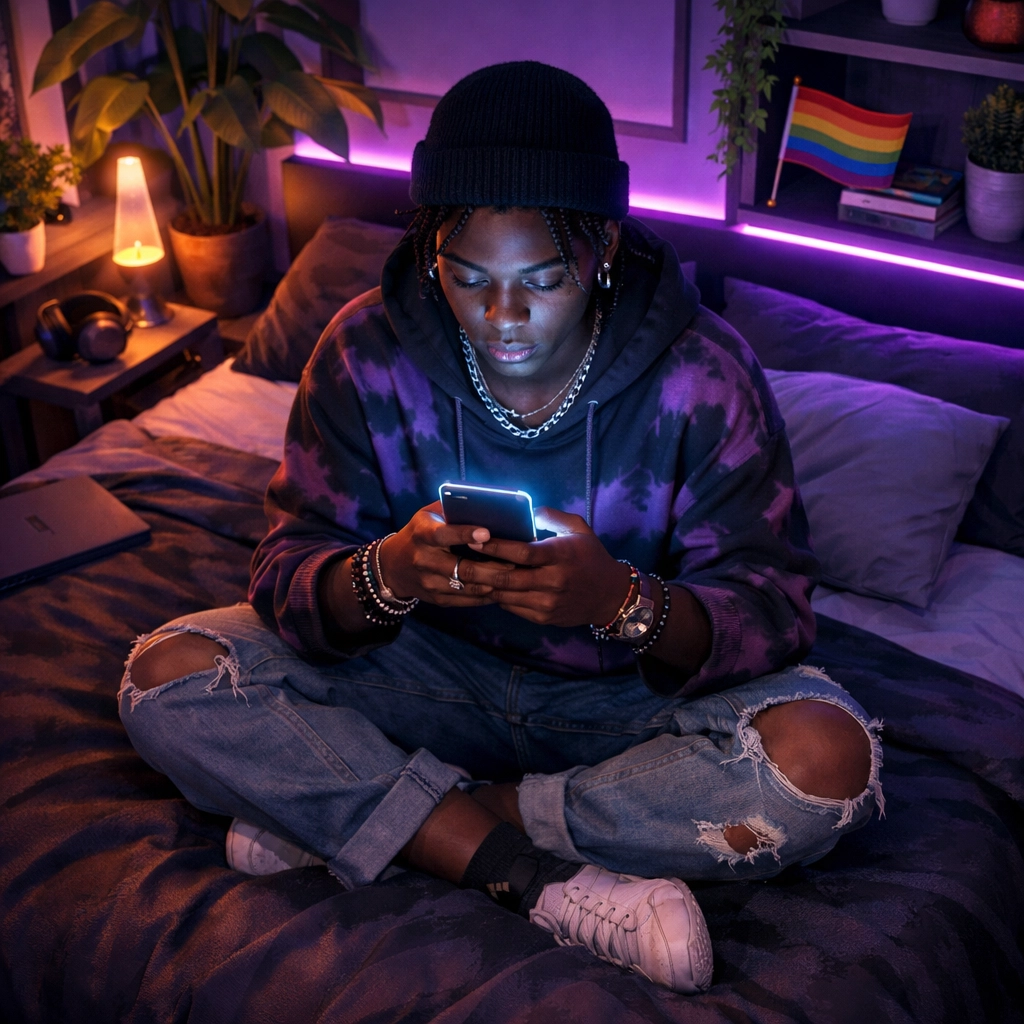 Young African person using a smartphone to access LGBTQ+ ebooks and digital queer communities.