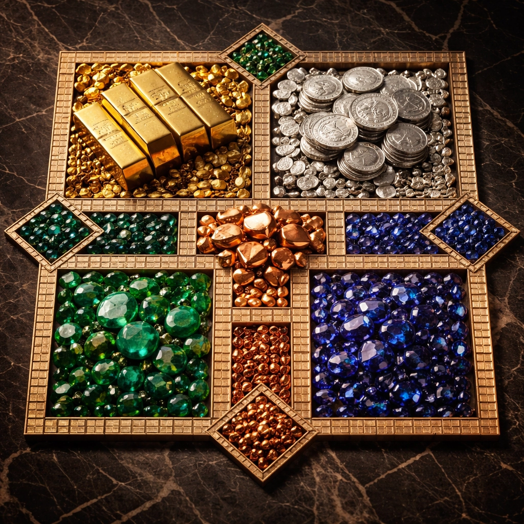 A mosaic of gold, silver, and gemstones illustrating balanced asset allocation and diversification.
