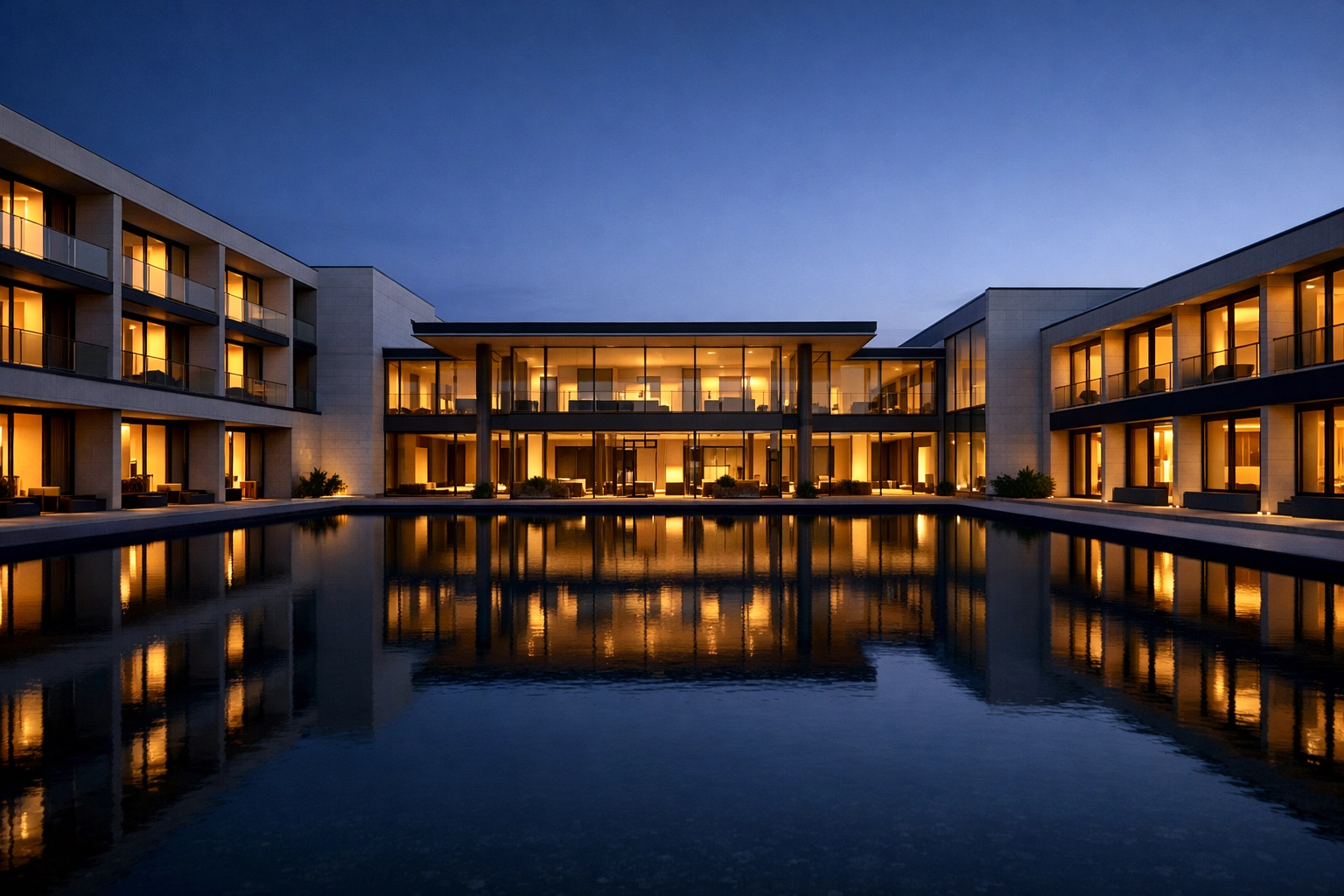 Contemporary hotel exterior representing efficient, innovative hotel management software.