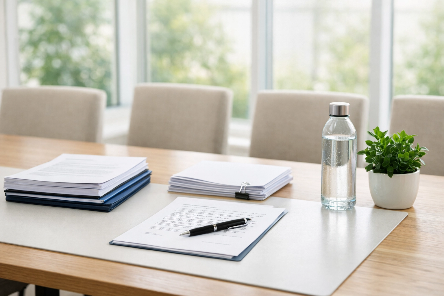 Clean dining table workspace prepared for loan signing appointment with organized documents