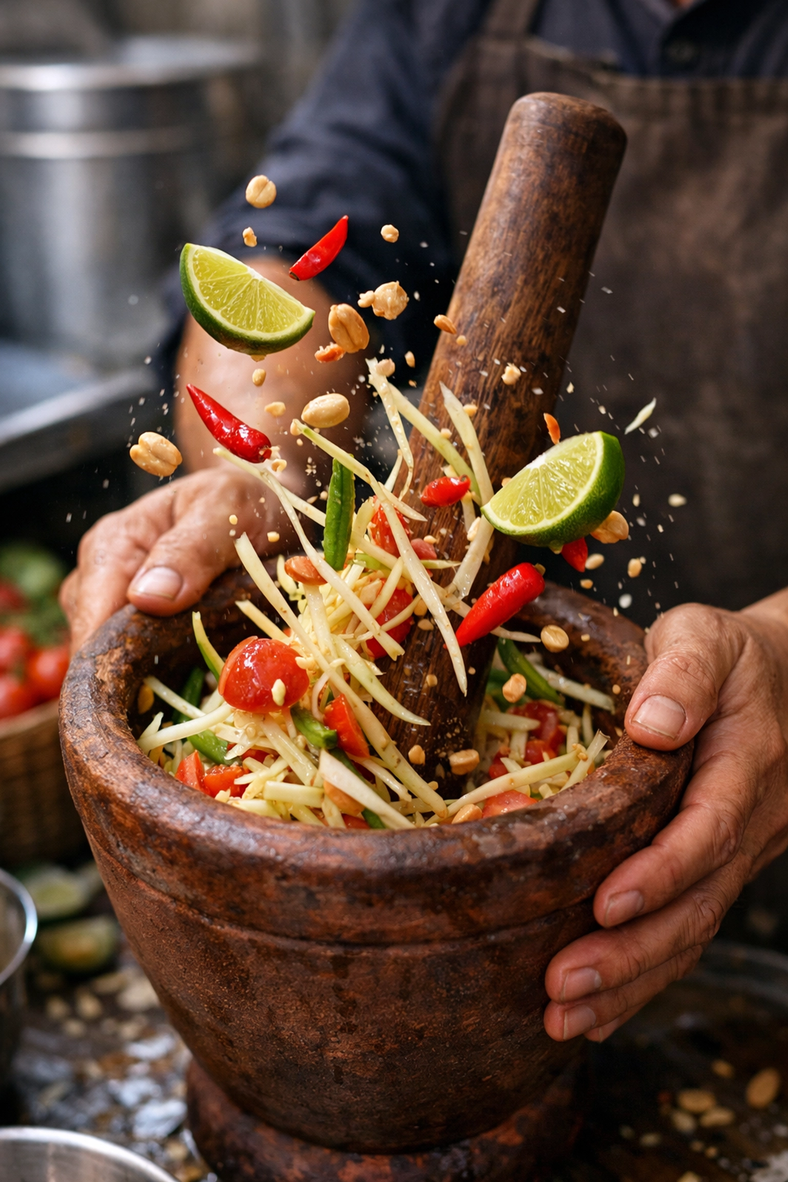 A Bangkok street food vendor hand-making fresh green papaya salad in a traditional clay mortar.