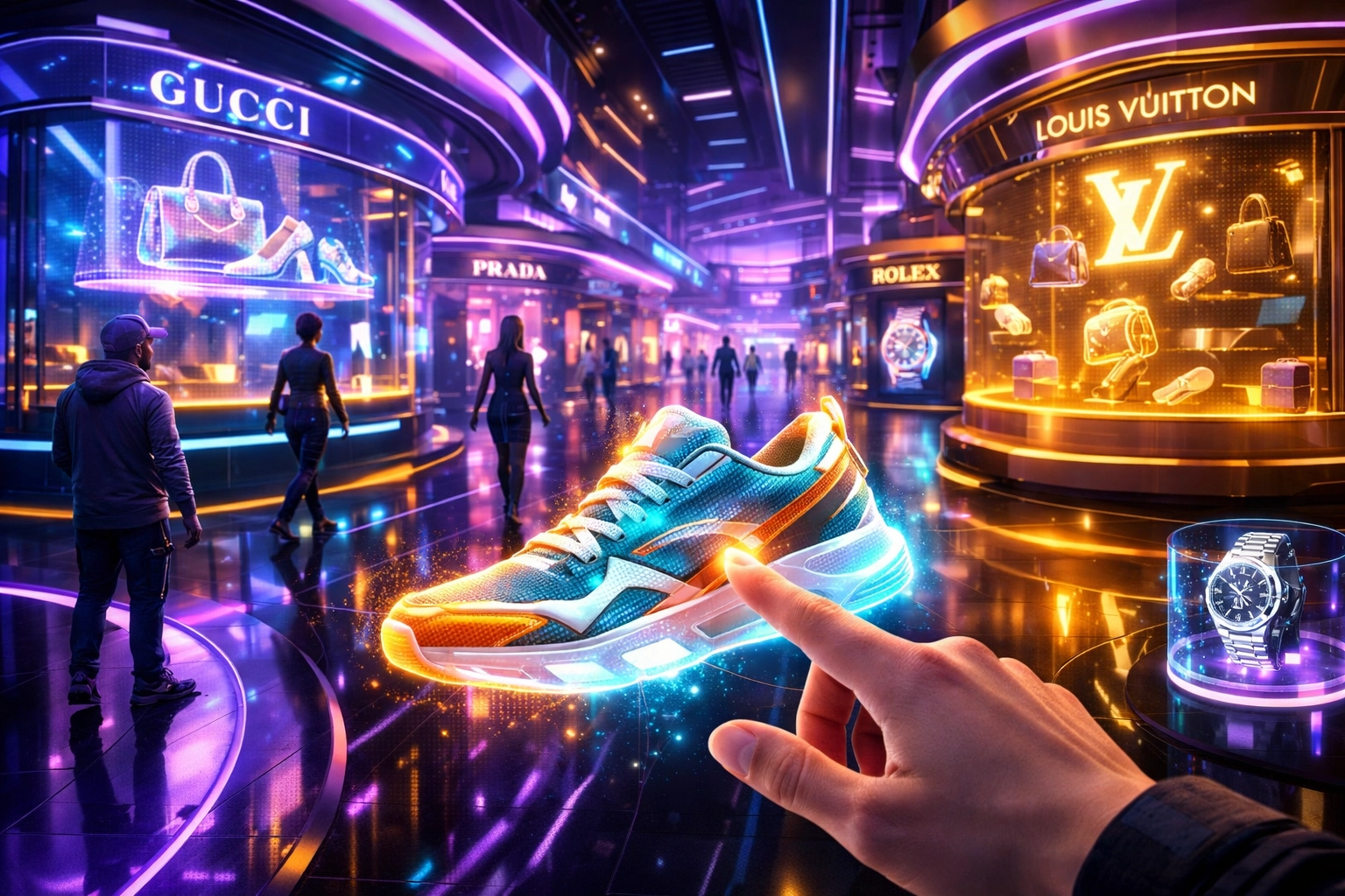 Futuristic metaverse shopping mall with avatars browsing holographic storefronts and AR product displays