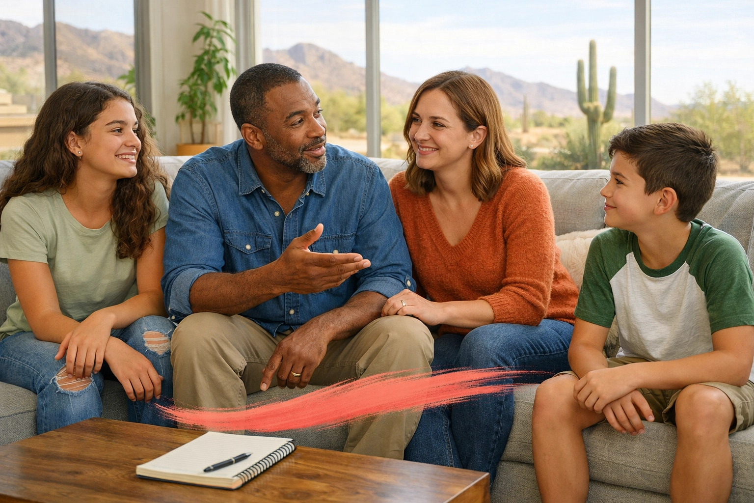 Family discussing home buying plan together in Arizona living room