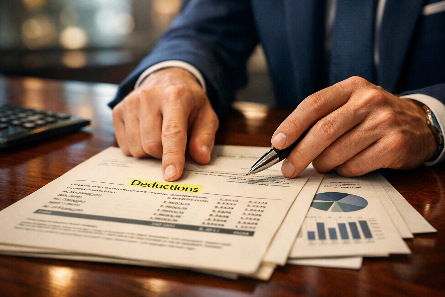Tax advisor reviewing business deduction documents and financial charts on conference table