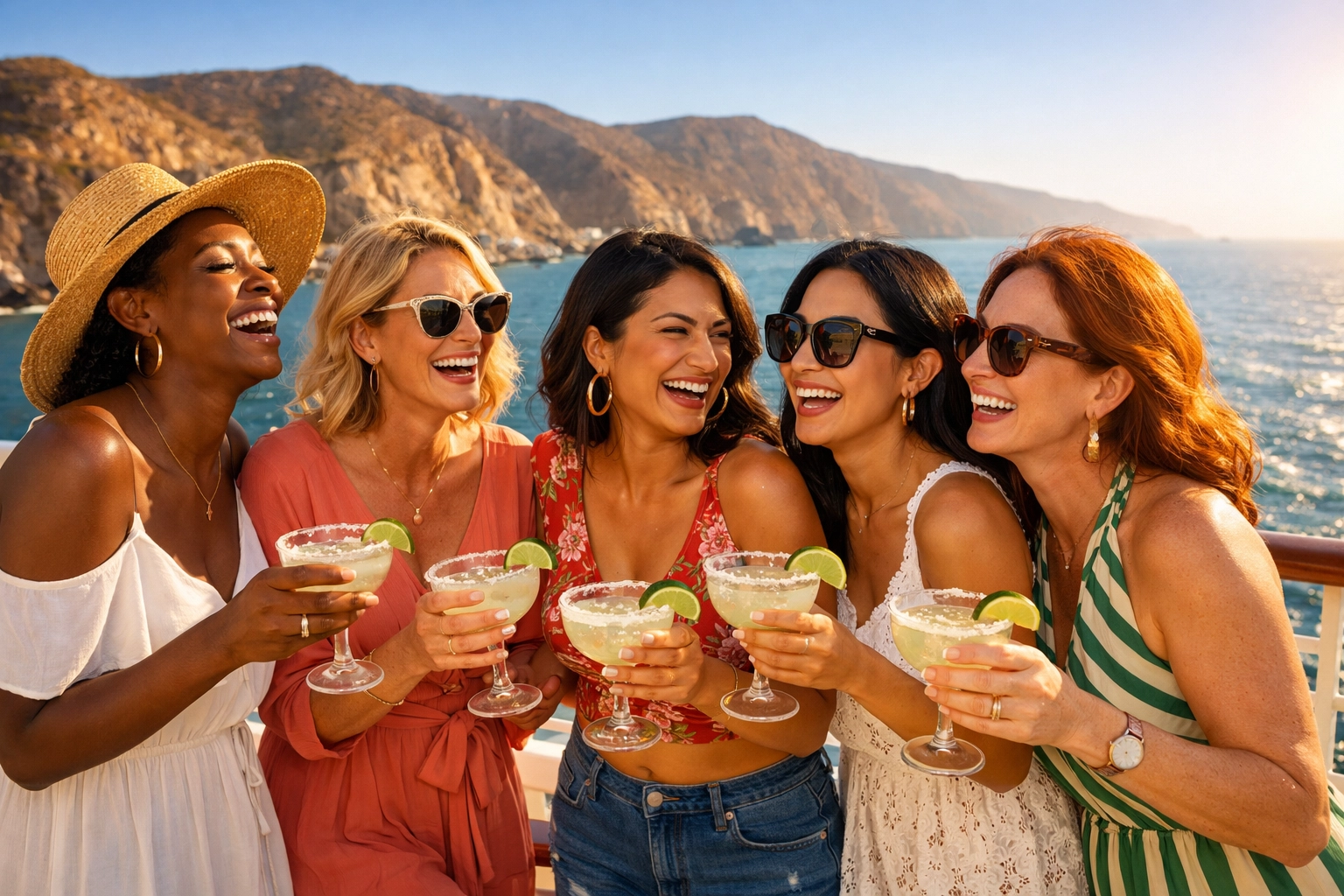 Group of friends enjoying margaritas on a sunny Mexico bachelorette party cruise deck.