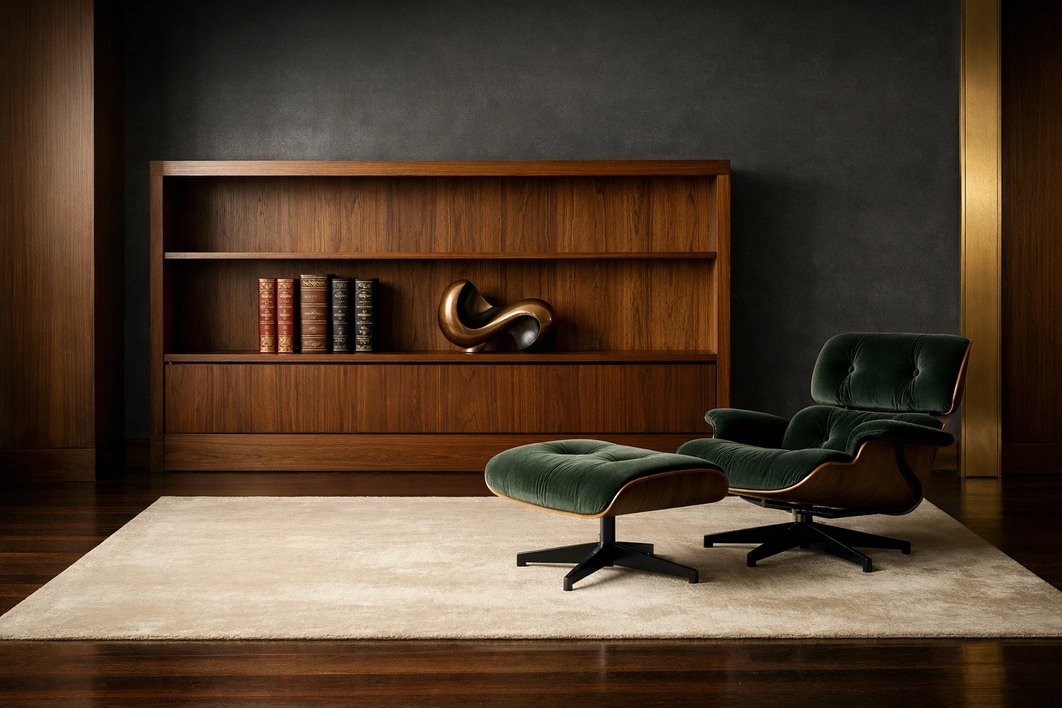 Minimalist estate library showcasing refined luxury through curated books and velvet seating.