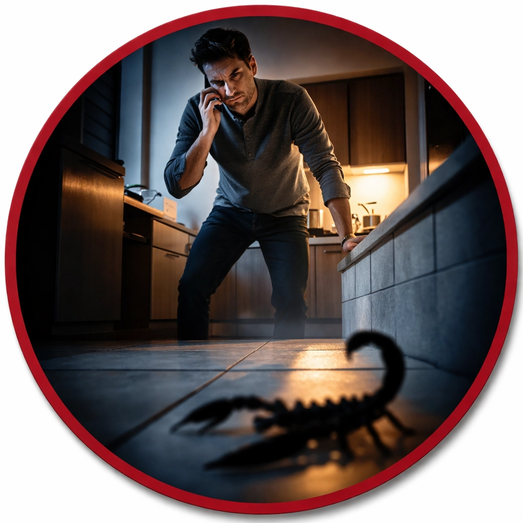 Worried homeowner calling pest control at night with a scorpion in the kitchen in Coolidge AZ