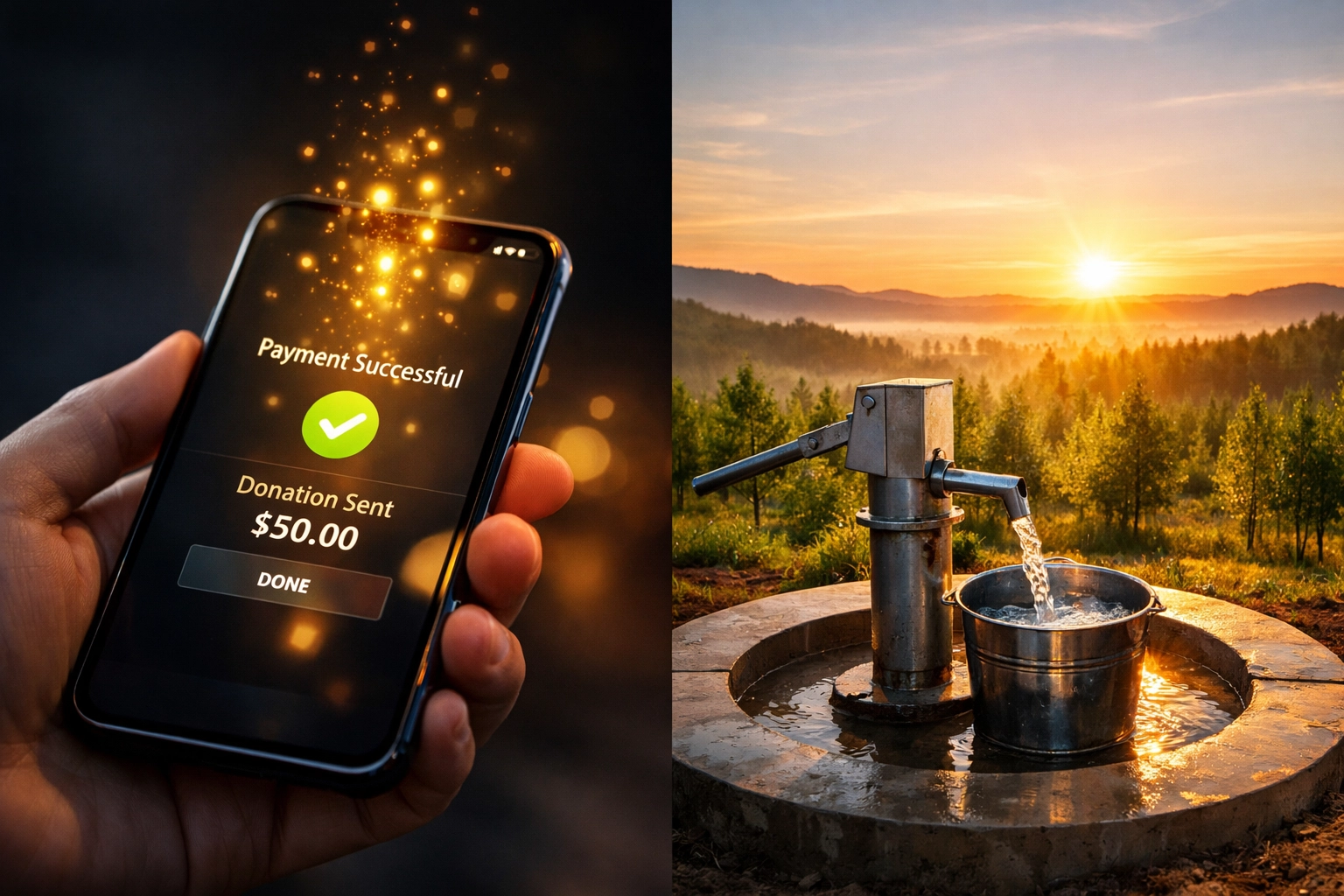 Smartphone payment interface alongside a thriving forest and water well funded by Larecoin transaction fees.