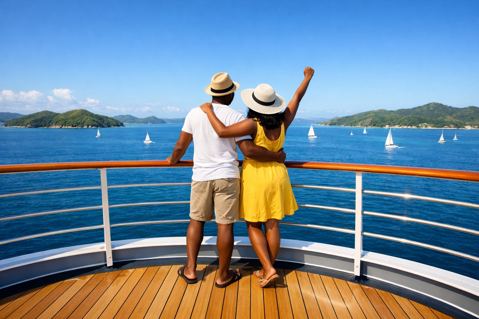 Happy couple on a luxury cruise ship balcony, showing the joy of stress free all inclusive vacation packages.