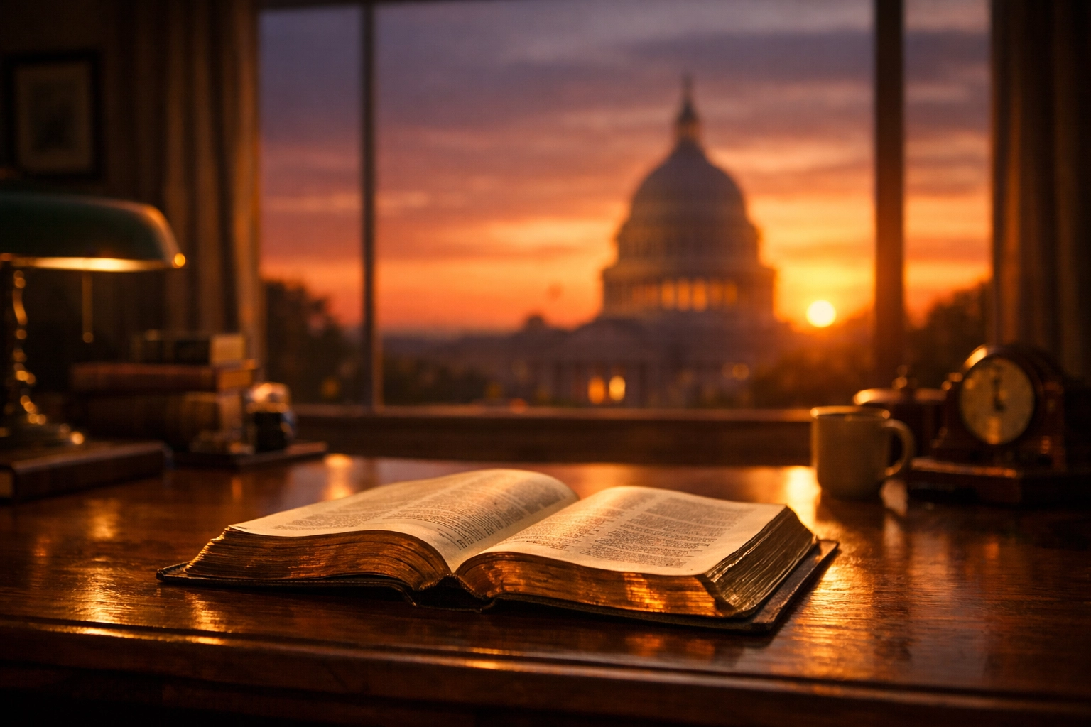 An open Bible on a desk with the US Capitol building in the background, symbolizing peace amidst political news.