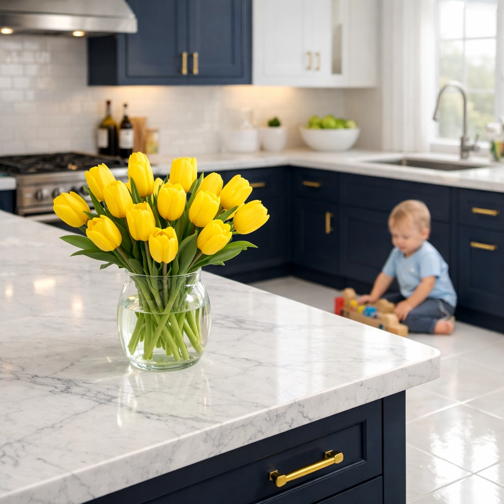 A sanitized kitchen in a healthy family home, kept spotless with weekly house cleaning Worcester MA.