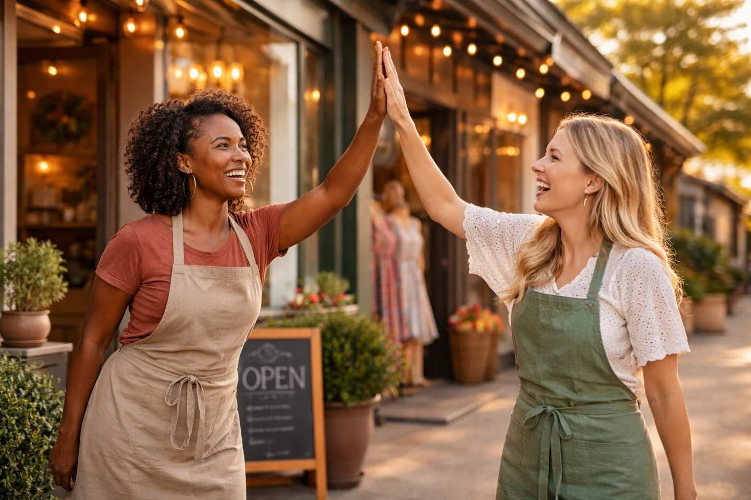 Two Summerville small business owners high-five on Main Street, showcasing strong local community connections