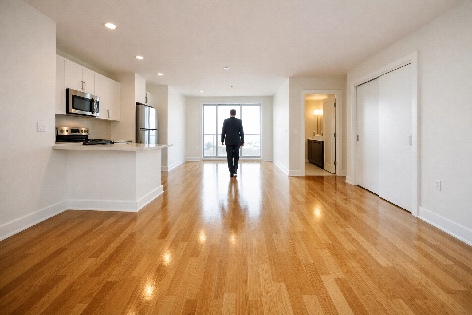 A spotless, ready-to-lease studio apartment after a professional turnover cleaning.