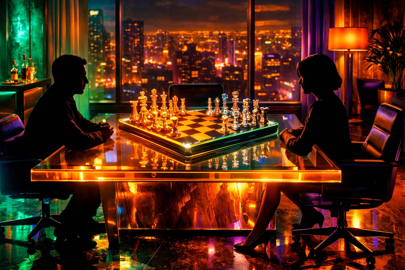 Office romance power dynamics shown as two figures at a glowing desk with a holographic chessboard.