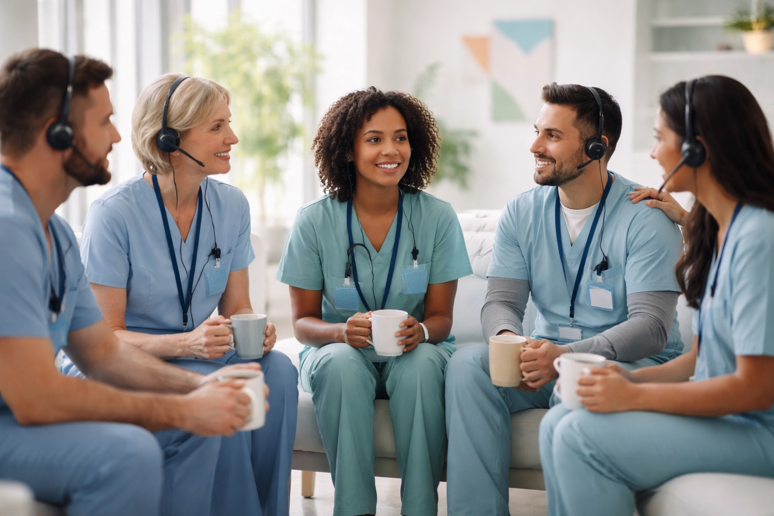 Healthcare call center team supporting each other after challenging overnight intake shifts