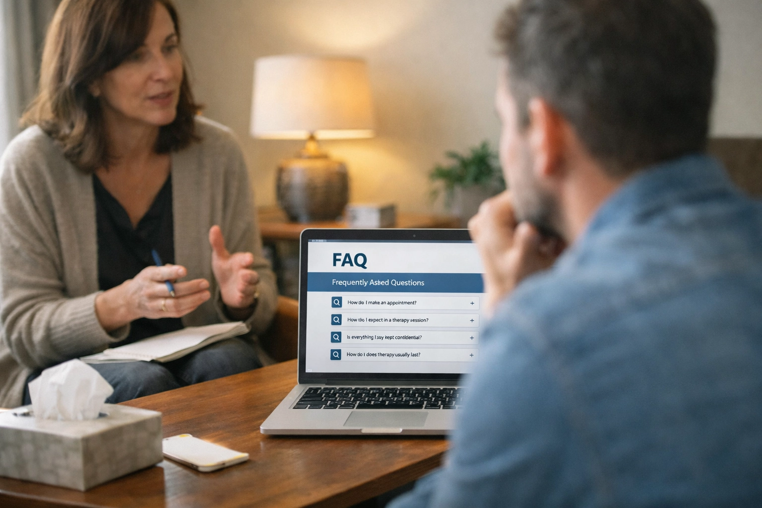 Counseling office scene with laptop showing an FAQ-style page layout—real-world, service-business context