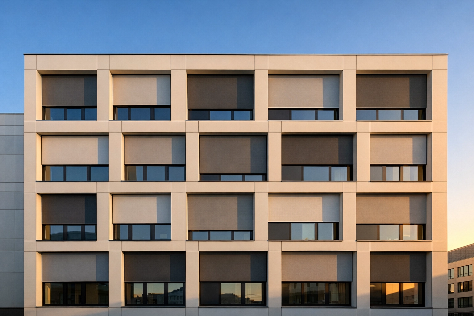 Moderne Architektur in Wien mit farblich abgestimmten Zip Screens zur ästhetischen Fassadengestaltung.