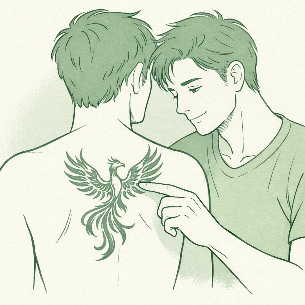 Gay couple admiring phoenix tattoo symbolizing rebirth and transformation after coming out