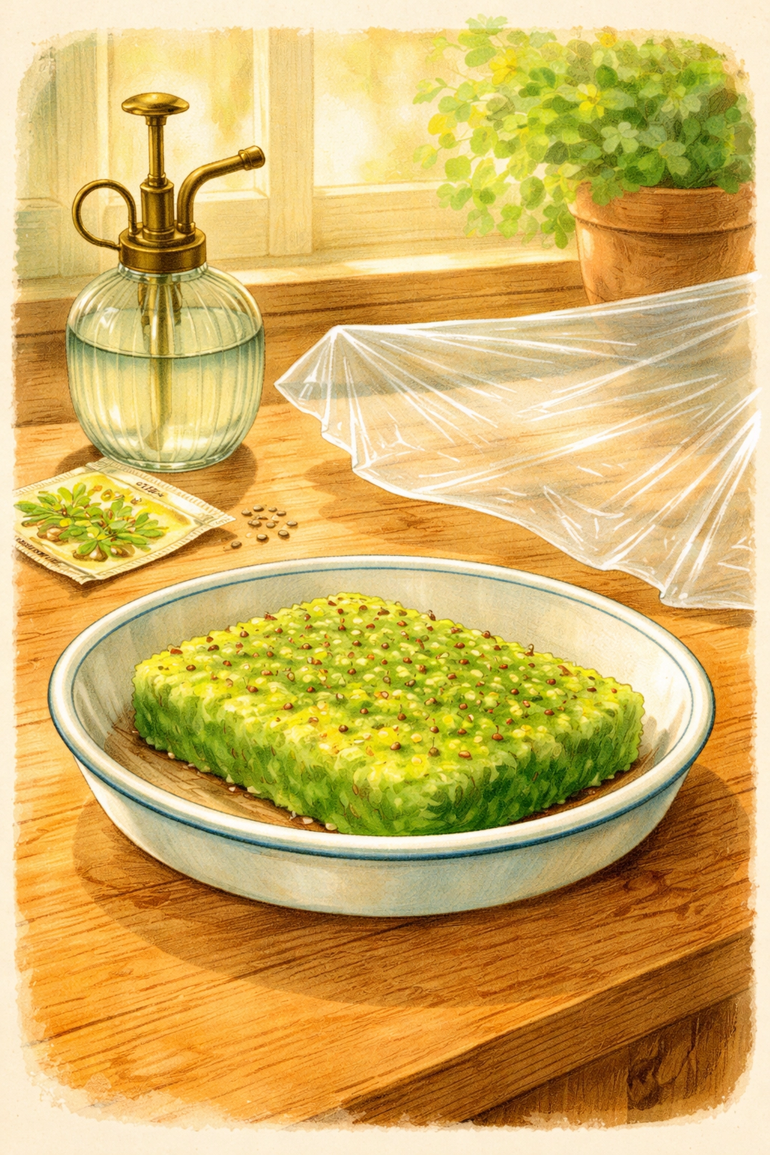 Retro illustration of a moist green sponge in a dish with seeds and plastic wrap, teaching easy DIY indoor seed starting methods