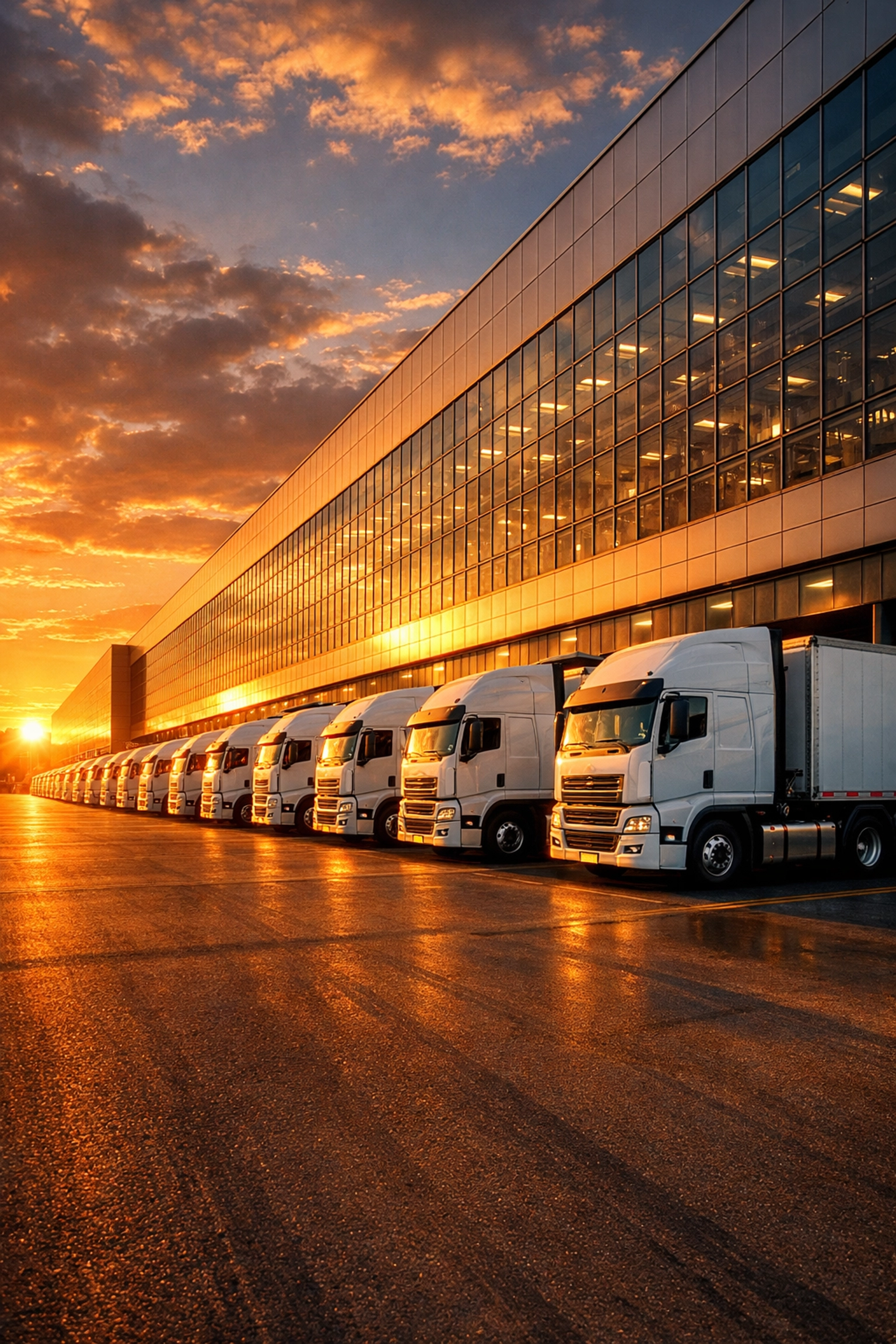 A modern contract warehousing hub with trucks at loading docks, ready for high-volume logistics execution.