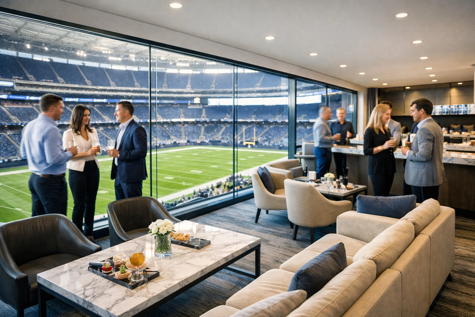 Executives networking in a luxury corporate hospitality suite overlooking a football stadium during a brand activation.