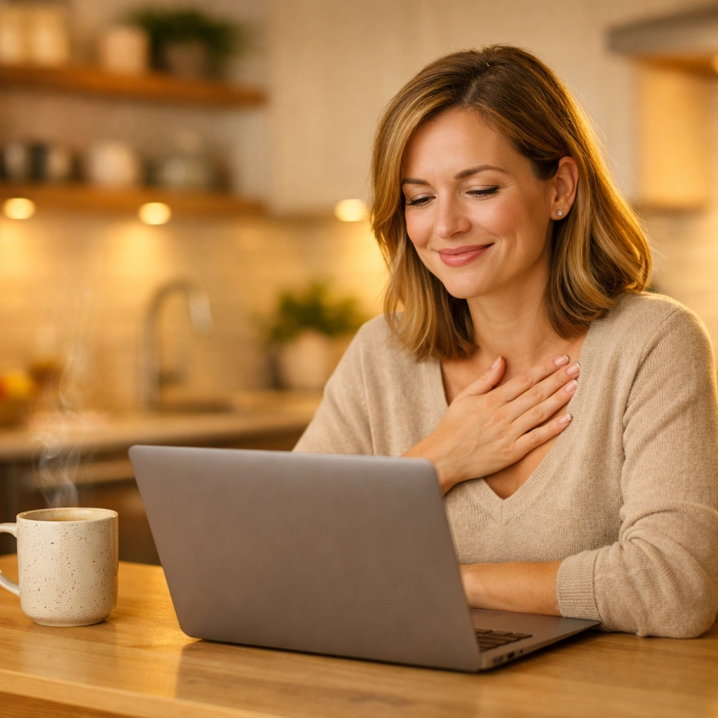 Soulagement d'une femme obtenant un prêt sans enquête de crédit en ligne à la maison.