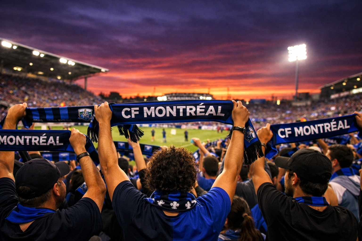 CF Montreal fans cheering with scarves at Stade Saputo during a vibrant sunset match.