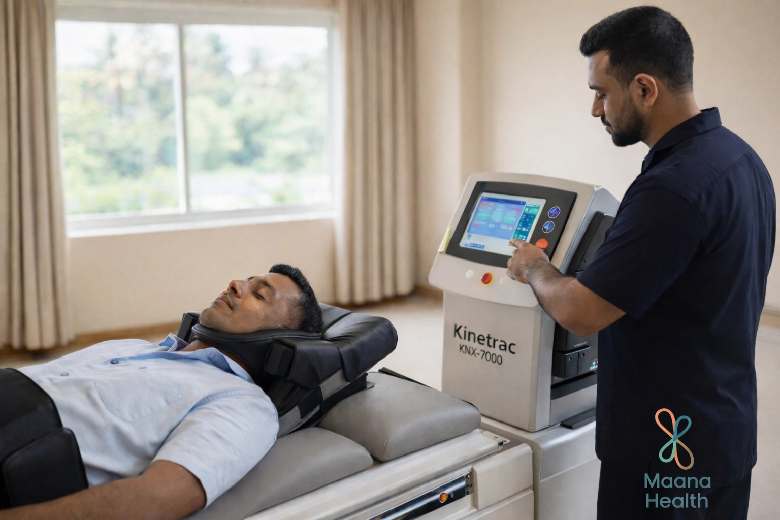 A patient receiving advanced spinal decompression therapy on the Kinetra KNX-7000 machine