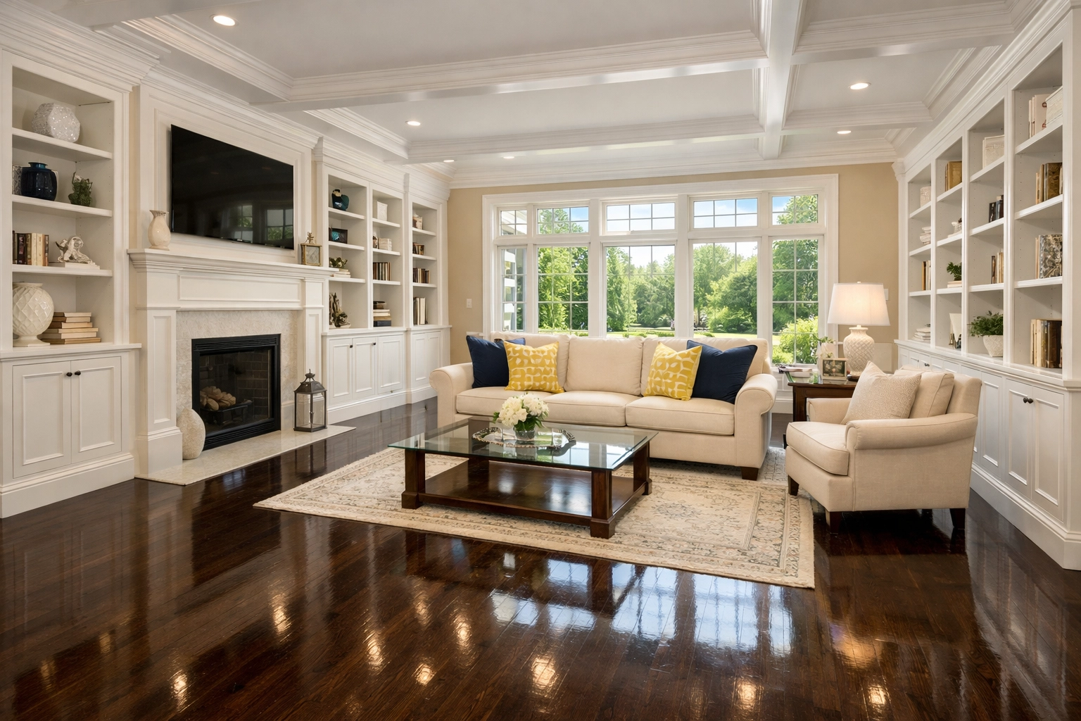 Spotless luxury living room in a Westford home after a professional deep cleaning service in Westford and Littleton.