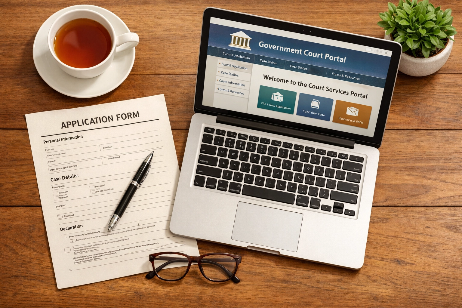 Organised desk with C100 form and laptop for child arrangement order application